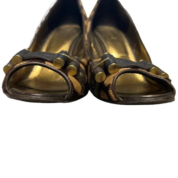 J Crew Collection Animal Print Calf Hair Peep Toe Horsebit Wedge Shoes Womens 8 - Picture 8 of 16